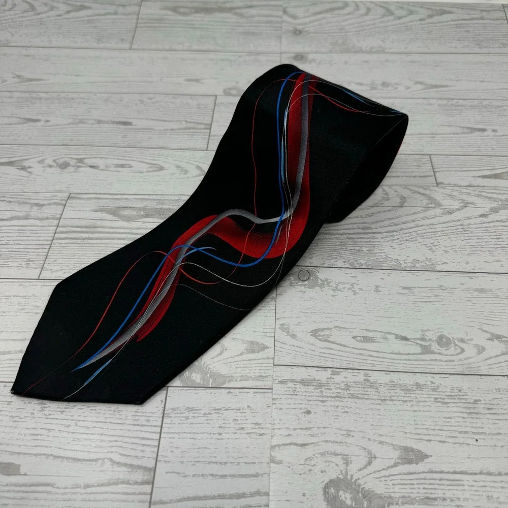 J Garcia Black Red Blue Abstract Stripe Silk Blend Necktie Men's